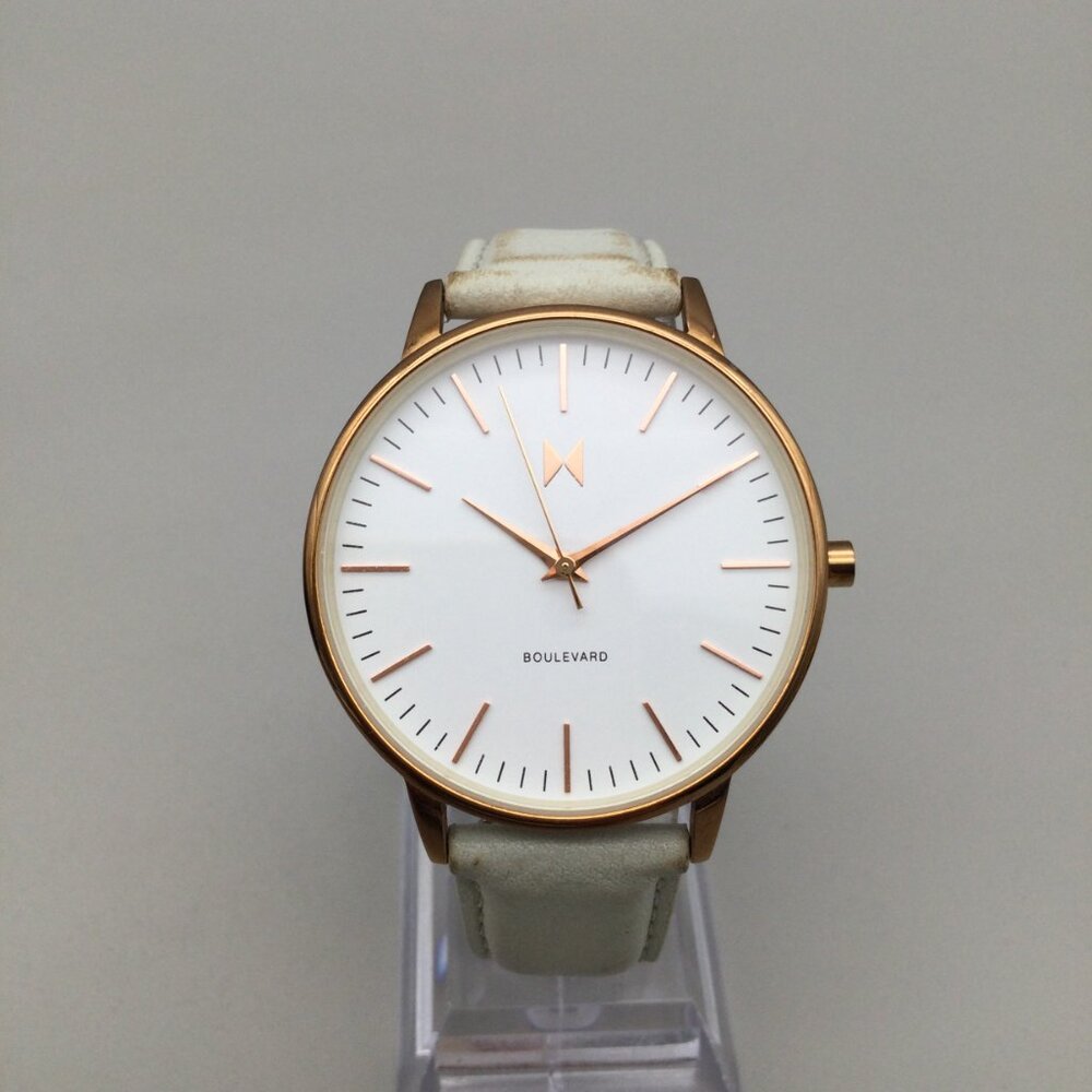 MVMT Boulevard Watch Women 38mm Rose Gold Tone White Leather Band New Battery - Picture 2 of 16